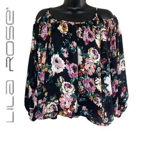 Lila Rose Women’s Black Floral Print Cold Shoulder Blouse Size S